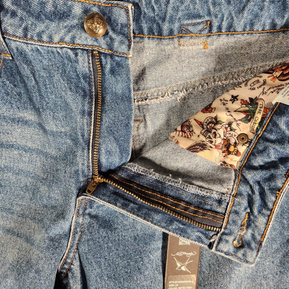 ED HARDY Women's Size 32 Blue Wide Leg Jeans Tattoo Print Embellished WEHD8500-2 - Picture 9 of 15